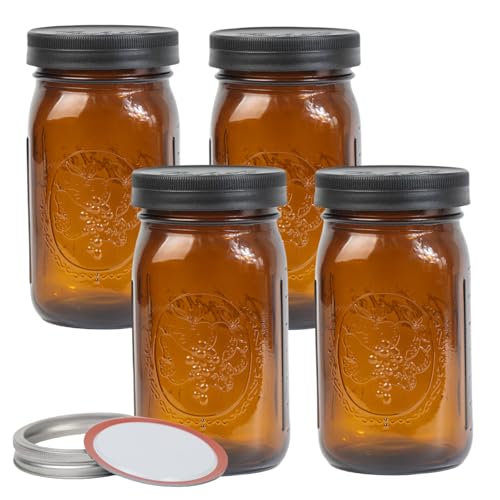 Yodecy 4 Pcs 32 oz Amber Wide Mouth Mason Jars With Airtight Lids and Black Plastic Lids, Canning Jars for Overnight Oats, Food Storage and More - color: amber