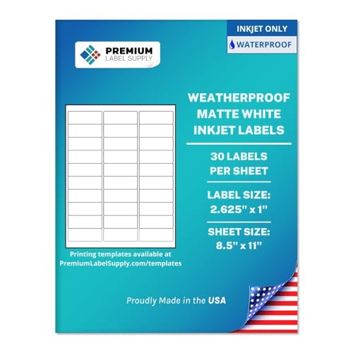 Premium Label Supply Waterproof White Address Sticker Labels – 2.625" x 1" – Inkjet Printers Only – (30 per Sheet), 25 Sheets - 750 Total Adhesive Labels - size: 750 Labels