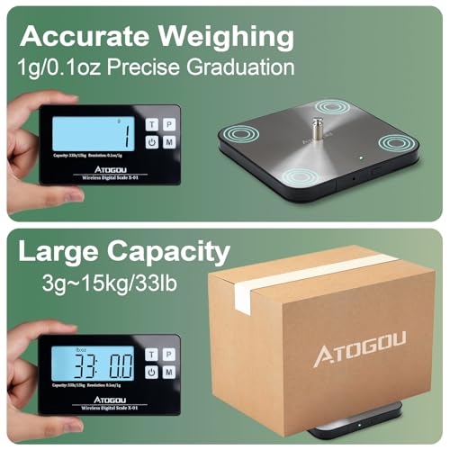 Atogou Food Scale, 33lb Wireless Kitchen Scale with Remote Display, 1g/0.1oz Precise Graduation, Food-Grade 304 Stainless Steel, Digital Food Scale for Cooking, Baking, Postage, Shipping, Black&Silver