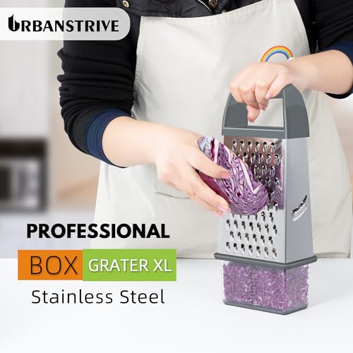 Urbanstrive Cheese Grater With Container, Professional Cheese Grater with Handle, Stainless Steel Graters for Kitchen Handheld, Box Grater with 4 Sides for Vegetables, Ginger, Potatoes (Grey) - color: Gray