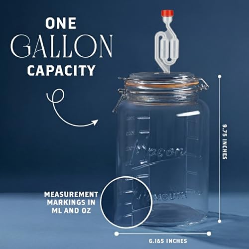 kitchentoolz 2-Pack 1-Gallon Mason Glass Fermenting Jars with Airlock Lids – Wide Mouth with Ounce & Milliliter Markings for Mead, Kombucha, Beer, Wine & Pickling - size: Pack of 2