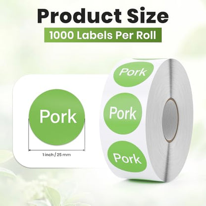 1000 Pcs Pork Food Labels 1 Inch, Vinyl Green Round Food Stickers Waterproof Oil Proof Adhesive Roll for Deli Sandwich Shop BBQ Catering Restaurant