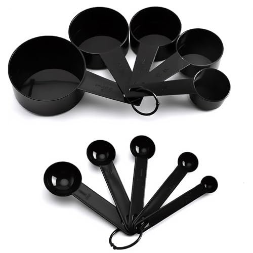 Inmorven 10pcs Measuring Cups and Spoons Set, BPA-Free Plastic Kitchen Baking Tools with Engraved Markings, Stackable Design for Dry & Liquid Ingredients (Black) - color: Black