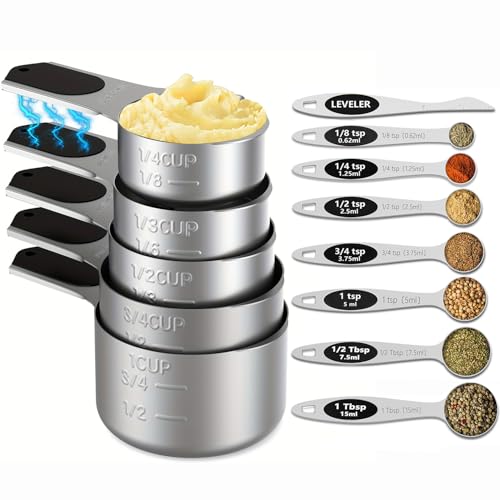 Measuring Cups and Spoons Set,304 Stainless Steel 5 Magnetic Measuring Cups and 8 Sigle Sided Measuring Spoons with 1 Leveler,Kitchen Gadgets for Cooking & Baking - color: Black-Single Side