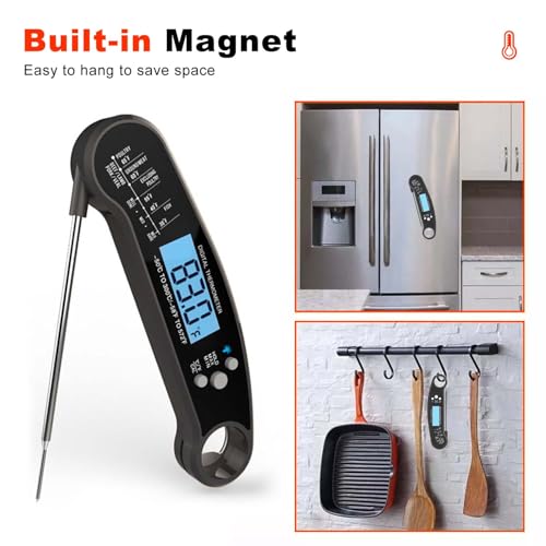 Instant Read Meat Thermometer Digital, Waterproof Food Thermometer with Magnet, Fast and Accurate, Backlight Calibration for Cooking, Grilling, BBQ, Baking, Smoker, Candy Making, Black