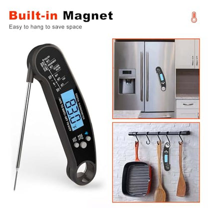 Digital Instant Read Food Thermometer with Backlight, LCD Display, Calibration Function, Built-in Bottle Opener for Grilling, BBQ, Turkey, Candy, Liquid Temperature Measurement, Black - color: Black