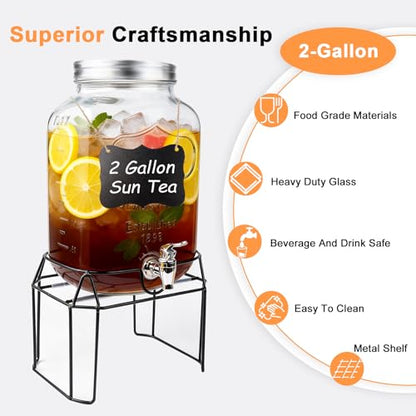 2 Gallon Glass Drink Dispensers For Parties,Beverage Dispenser with Stand,Fruit Infuser,Mason Jar Water Dispenser for Juice/Tea,Lemonade Dispenser for Parties,BPA Free Clear Water Pitcher with Spigot - size: 2 Gallon With Stand