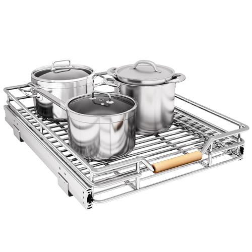 Pull out Cabinet Organizer, 12"W X 21"D, Heavy Duty Smooth Sliding Under Cabinet Shelves for Pots and Pans, Full-Extension Roll out Drawers, Slide out Organization for Home Kitchen Pantry - color: Chrome, size: 12"W x 21"D