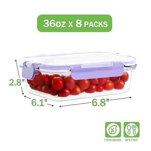 8 Pack 36oz Large Glass Meal Prep Containers with lids, Glass Food Storage Containers with Leak Proof Snap Lock Lids , Airtight Bento lunch Boxes, Kitchen Storage, Oven and Dishwasher Safe-Purple - color: Purple