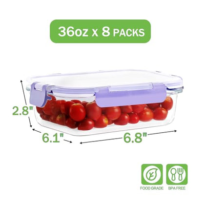 8 Pack 36oz Large Glass Meal Prep Containers with lids, Glass Food Storage Containers with Leak Proof Snap Lock Lids , Airtight Bento lunch Boxes, Kitchen Storage, Oven and Dishwasher Safe-Purple - color: Purple