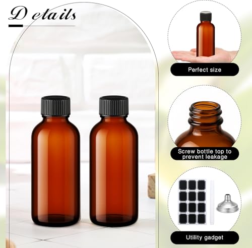 Hsei 100 Pcs Amber Glass Boston Round Bottles with Black Cap Brown Sample Bottle Small Glass Containers with Lids and Funnel Chalk Labels Pen for Vanilla Extract Essential Oils (3.4 oz) - size: 3.4 oz