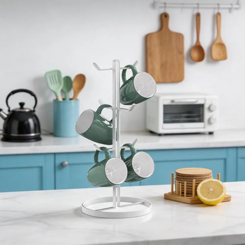 Mug Holder Tree,Coffee Mug Tree with 6 Hooks, Coffee Cup Holder,Stainless Steel Home Storage Mug Standing Rack for Big Mugs,Coffee Cup Countertop Stand Holders (White) - color: White