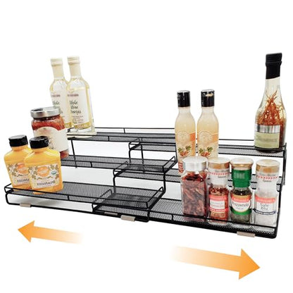 3 Tier Wide Expandable Cabinet Spice Rack Organizer (14.5" to 29.1") - Step Shelf with Protection Railing, Black | Wide, deep expandable spice rack for large spice jars, seasoning bottles, cans, and pantry organization. - color: Large & Wide