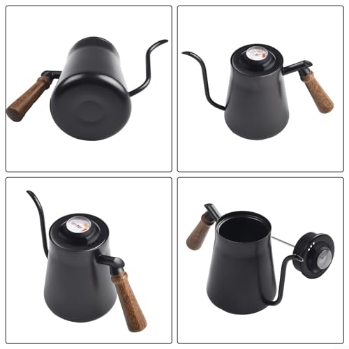 Stainless Steel Gooseneck Kettle With Built-in Thermometer, Narrow Spout Pour Over Coffee Pot For Precise Manual Brewing Of Coffee Or Tea For Home Kitchen Or Cafe Use(650ML Black)