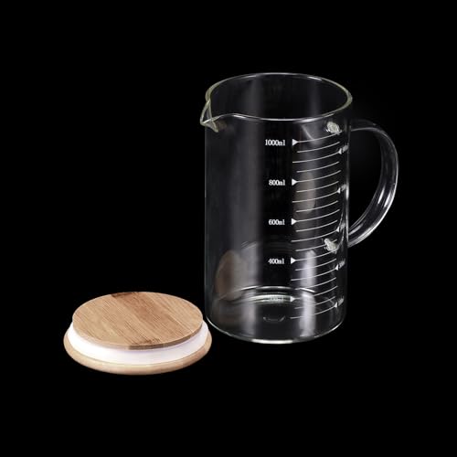 PATIKIL 1000ml Glass Measuring Cup, 2 Pack 3.3 Borosilicate Glass Graduated White Printed Scale Liquid Measure Cups Beaker with Wood Lid and V-Shaped Spout for Kitchen - size: 1000ml