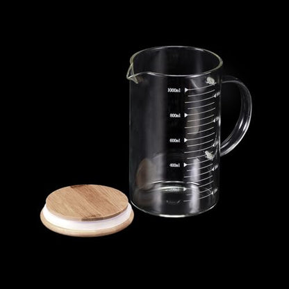 PATIKIL 1000ml Glass Measuring Cup, 2 Pack 3.3 Borosilicate Glass Graduated White Printed Scale Liquid Measure Cups Beaker with Wood Lid and V-Shaped Spout for Kitchen - size: 1000ml