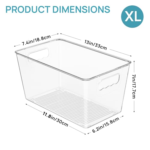 Vtopmart 6 Pack Clear Plastic Storage Bins, Pantry Organizer Containers with Handle for Refrigerator, Fridge, Cabinet, Kitchen, Countertops, Cupboard, Home Organization and Storage, XL - size: XL(13"×7.4"×7")