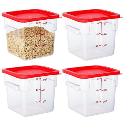 BIEAMA 4 Pack Food Storage Containers, 6 Quart with Lids, Square Commercial Containers with Scale, NSF, Polycarbonate, Clear - color: 6Qt-4 Pack(Red Lids)