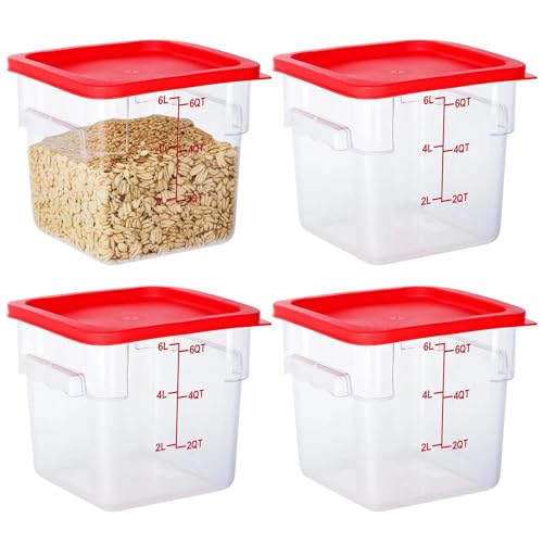 BIEAMA 4 Pack Food Storage Containers, 6 Quart with Lids, Square Commercial Containers with Scale, NSF, Polycarbonate, Clear - color: 6Qt-4 Pack(Red Lids)