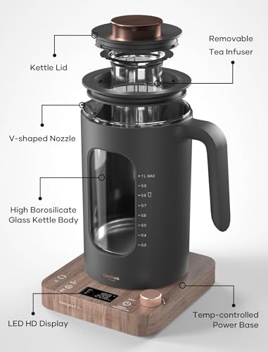 Electric Tea Kettle, INTASTING Glass Electric Kettle with tea Infuser and Precise knob temperature control, 1200W Fast Heating, BPA-Free, Easy to Clean, 1 Liter (Wood) - color: Wood