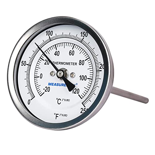 MEASUREMAN Fully Stainless Steel Pot, Kettle, Brewing Bimetal Dial Thermometer, 3" Dial, 6" Stem, 0-250 deg F/-20-120 deg C, -1% Accuracy, Adjustable, 1/2" NPT Back Mount - size: 0-250 deg F/-20-120 deg C, style: 6" Stem