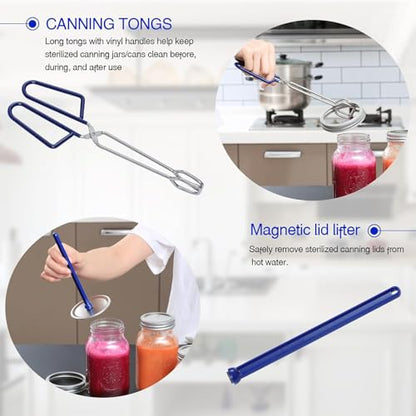 7 Pieces Canning Supplies Kit, Stainless Steel, Blue | Steamer Rack, Canning Funnel, Jar Lifter, Wrench & Tongs, Lid Lifter Bubble Remover Tool - color: Blue