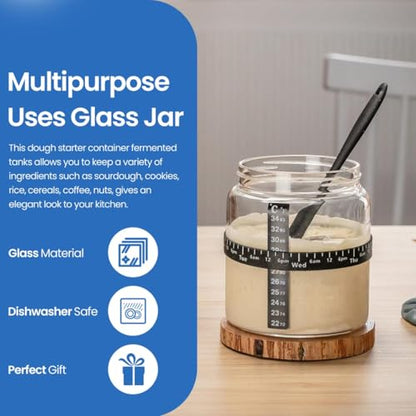 Sourdough Starter Jar Kit - Pack of 2, 35oz Wide Mouth Glass Jars for Sourdough Starter with Date Marked Feeding Scale, Thermometer, Cloth Cover, Scraper & Wooden Lid, Sourdough Jars