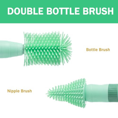 Travel Bottle Brush, 6-in-1 Portable Travel Bottle Cleaner Kit with Small Bottle Brush Built in Drying Rack, Nipple Brush, Straw Brush, Soap Dispenser, for Baby Bottles Under 8 OZ, BPA-Free(Green) - color: Green