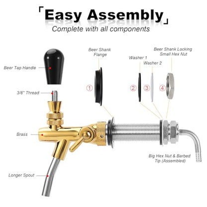 Beer Tap Faucet 4'' Long Beer Tap Shank, Brass Beer Faucet Stainless Steel Core Draft Beer Dispenser Beer Keg Tap Bar Tap 5/16'' Barb G5/8 Thread with Flow Valve for Kegerator, Freezer, Fridge, Wall