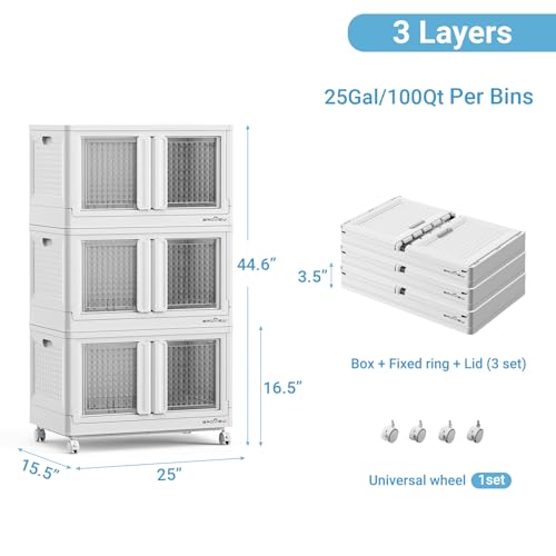 BROVIEW 300Qt Plastic Foldable Storage Bins with Lids & Doors, 75Gal Stackable Closet Organizer and Storage Drawers with Wheels, Collapsible Storage Cabinet, Shelves for Home Kitchen, V10 3Pack White