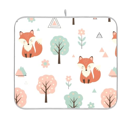 Fox Tree Flowers Dish Drying Mat for Kitchen Counter Super Absorbent Draining Mat with Non-slip Backed Dish Drying Pad for Draining Racks Countertops Sinks Dish Bottles Cups Bowl