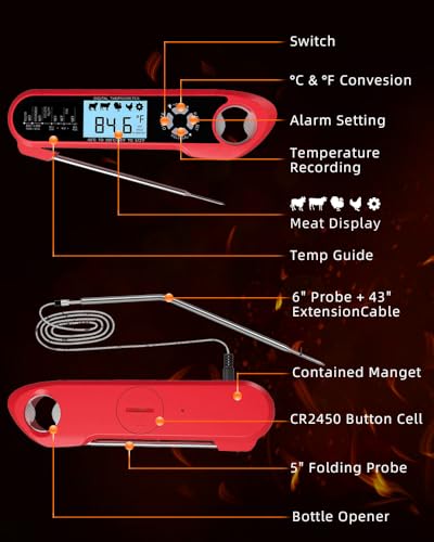 Brigii Meat Thermometer, Instant Read Digital Thermometer-Waterproof/Backlight, 43in Extended Probe and Folding Probe, Oven-Safe Design, Kitchen Food Thermometer for Deep Fry, Grilling, BBQ