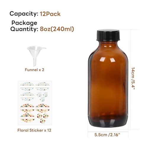 STARSIDE 12-Pack 8oz Amber Glass Bottles with Leakproof Lids | 240ml Round Boston Bottles for Essential Oils, Hot Sauce, Juice, Liquids; Includes 2 Funnels & 12 Labels - size: M