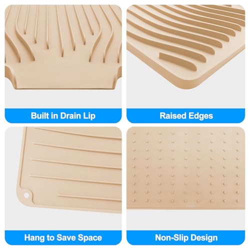 Silicone Dish Drying Mat for Kitchen Countertops and Sinks,19 x13.7 Inch Non Slip Heat Resistant Mat with Built In Drainage System,For Refrigerator and Drawer Liners (beige, 19 x13.7 Inch) - color: Beige
