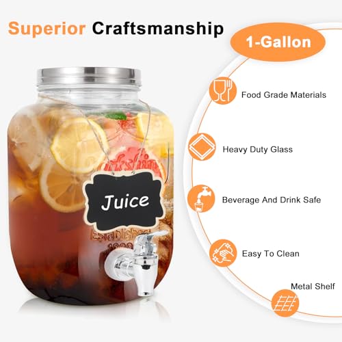 Drink Dispenser With Spigot,1 Gallon Glass Drink Dispensers For Parties,Beverage Dispenser with Fruit Infuser Sun Tea,Lemonade & Juice Dispenser for Parties, BBQ,Picnic,Weddings & Events - size: 1 Gallon Single