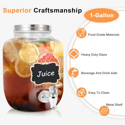 Drink Dispenser With Spigot,1 Gallon Glass Drink Dispensers For Parties,Beverage Dispenser with Fruit Infuser Sun Tea,Lemonade & Juice Dispenser for Parties, BBQ,Picnic,Weddings & Events - size: 1 Gallon Single