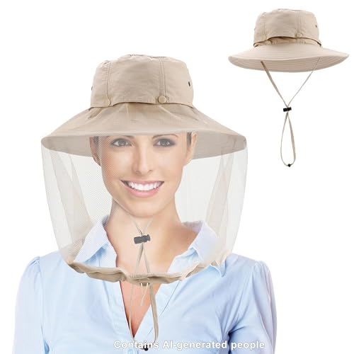 Mosquito Head Net Hat with Hidden Net Mesh for Outdoor Lover Hiking Fishing Beekeeping Gardening Men or Women (Khaki) - color: Khaki