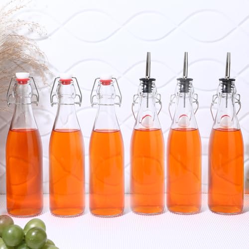 Baderke 6 Pack Swing Top Glass Bottles with Airtight Stopper Lids and Pourers Flip 17oz Top Brewing Pour Bottle for Syrup, Fermentation, Kombucha, Mead, Vinegar, Beer, Kefir, Wine, Vanilla Extract