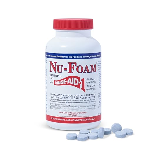 Nu-Foam Sanitizing Tablets for Bar Glassware – EPA Approved Rinse Aid Sanitizer, 100 Tablets (600 Quarts) – Streak-Free, No Taste/Odor – Professional Bar, Tavern, Brewery Glass Cleaner - size: 100 Count (Pack of 1)