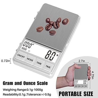 WEIGHTMAN Small Coffee Scale with Timer, 1000g x 0.1g, Mini Espresso Scale | Stainless Steel Food Scale for Grams and Ounces, Large Backlit LCD, Travel Pocket Scale for Pour Over Coffee, Tea and Baking - color: Silver