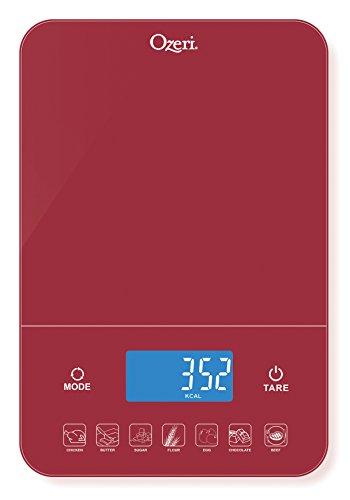 Ozeri Touch III 22 lb (10 kg) Digital Kitchen Scale with Calorie Counter in Tempered Glass, Red Engine - color: Red Engine