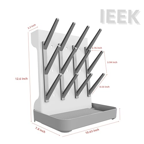 IEEK Baby Bottle Drying Rack,Large Vertical Drying Tower Bottle Rack Holder Space Saving Standing Drying Rack for Countertop-Holds 12 Baby Bottles and Cup,Etachable Travel Bottle Rack,Grey and White
