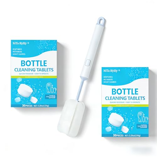 Bottle Brush and Bottle Cleaning Tablets, Also can Clean dentures,60 pc | Non-slip handle,Reusable;Thermos Cleaning Tablets,Stainless Steel Cleaner,Coffee Pot,Glass,Tumbler
