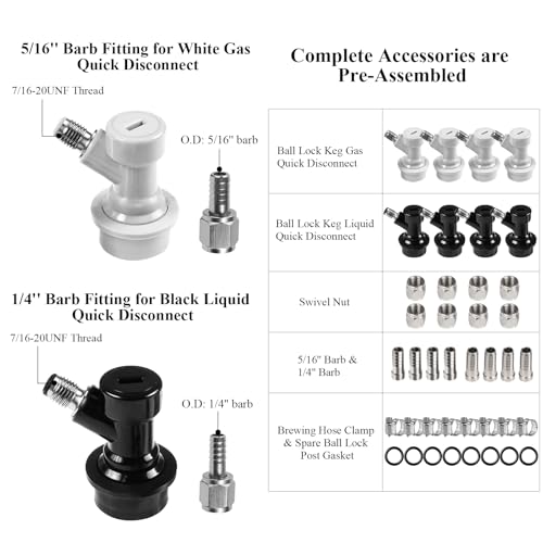 4 Pairs Corny Keg Ball Lock Quick Disconnect Set, Home Brewing Cornelius Keg Parts Ball Lock Keg Fittings with Stainless 5/16'' Gas 1/4'' Beer Barb Swivel Nuts Hose Clamp for Keg Post Coupler