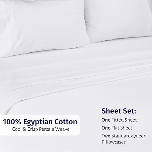 California Design Den Certified 100% Egyptian Cotton Sheets Queen Size Bed Set - Lightweight & Crisp Percale Queen Sheet Set Deep Pocket, Durable Luxury Bedding - White - color: Bright White, size: Queen