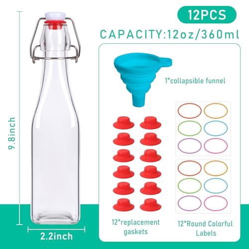12 Pack 12oz Swing Top Glass Bottles, Flip Top Glass Bottle | Square Bottles with Airtight Stoppers for Kombucha, Kefir, Vanilla Extract, Beer - size: 12oz-12pack