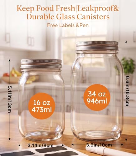 Mason Jars Airtight Lids,32oz Regular Mouth Food Grade Glass Canning Jars,Food Storage Leak-Proof, Dishwasher Safe, Perfect Fermenting, Pickling, Overnight Oats,Snacks, Candies, DIY Projects (2PACK) - size: 32oz*2PCS