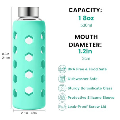 Mrsdry Glass Juice Bottles with Lids and Silicone Sleeves 18 oz, 4-Pack Reusable Clear Glass Water Bottles with Stainless Steel Airtight Cap for Juicing, Refrigerator, BPA Free Leak-Proof Drinking Jar - color: Green