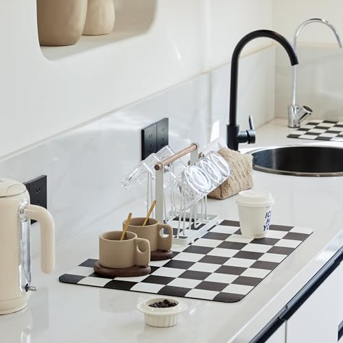 Ohocut Checkered Dish Drying Mat for Kitchen Counter, Coffee Bar Station Accessories, Retro Cute Aesthetic Modern Absorbent Drainer Mat Kitchen Drying Mat Easy Clean, Black 12" x 19" - color: Black, size: 19" x 12"