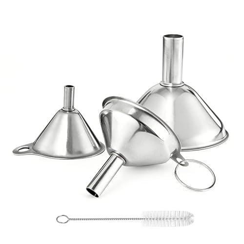 Small Funnels for Filling Bottles, 3 Pcs Stainless Steel Kitchen Funnel Set, Food Grade Mini Metal Funnel for Transferring Oil Liquid, Easy Cleaning with a Brush (Short Handle) - size: short handle